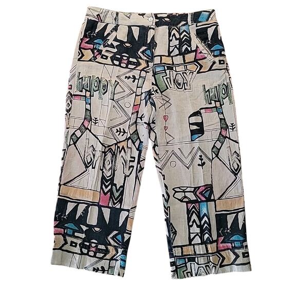Chico’s Vintage Pants Women’s Sz 1 M Linen Retro Graphic Cropped Relaxed Fit EUC - Picture 1 of 7
